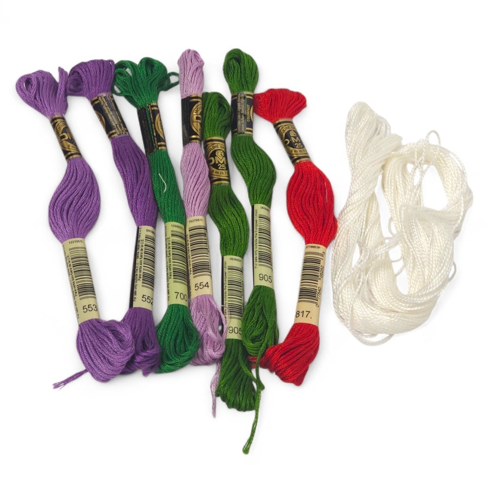 DMC Embroidery Floss Lot 7 Skeins + White Thread 553 552 700 554 905 817